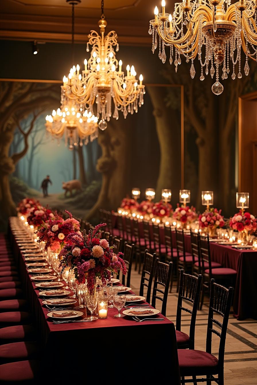 Elegant dining setup with chandeliers and floral arrangements