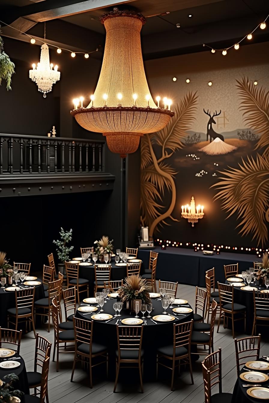 Elegant dark-themed wedding setup with lavish tables and chandelier