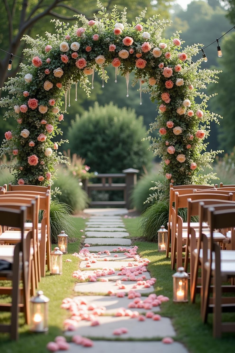 Outdoor path with floral arch and scattered petals