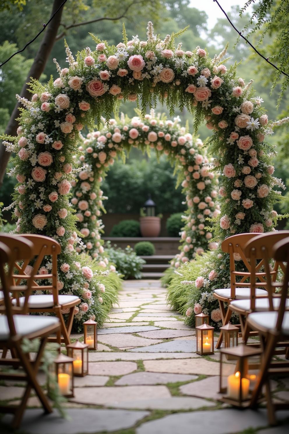 Garden aisle with floral arches and lit lanterns