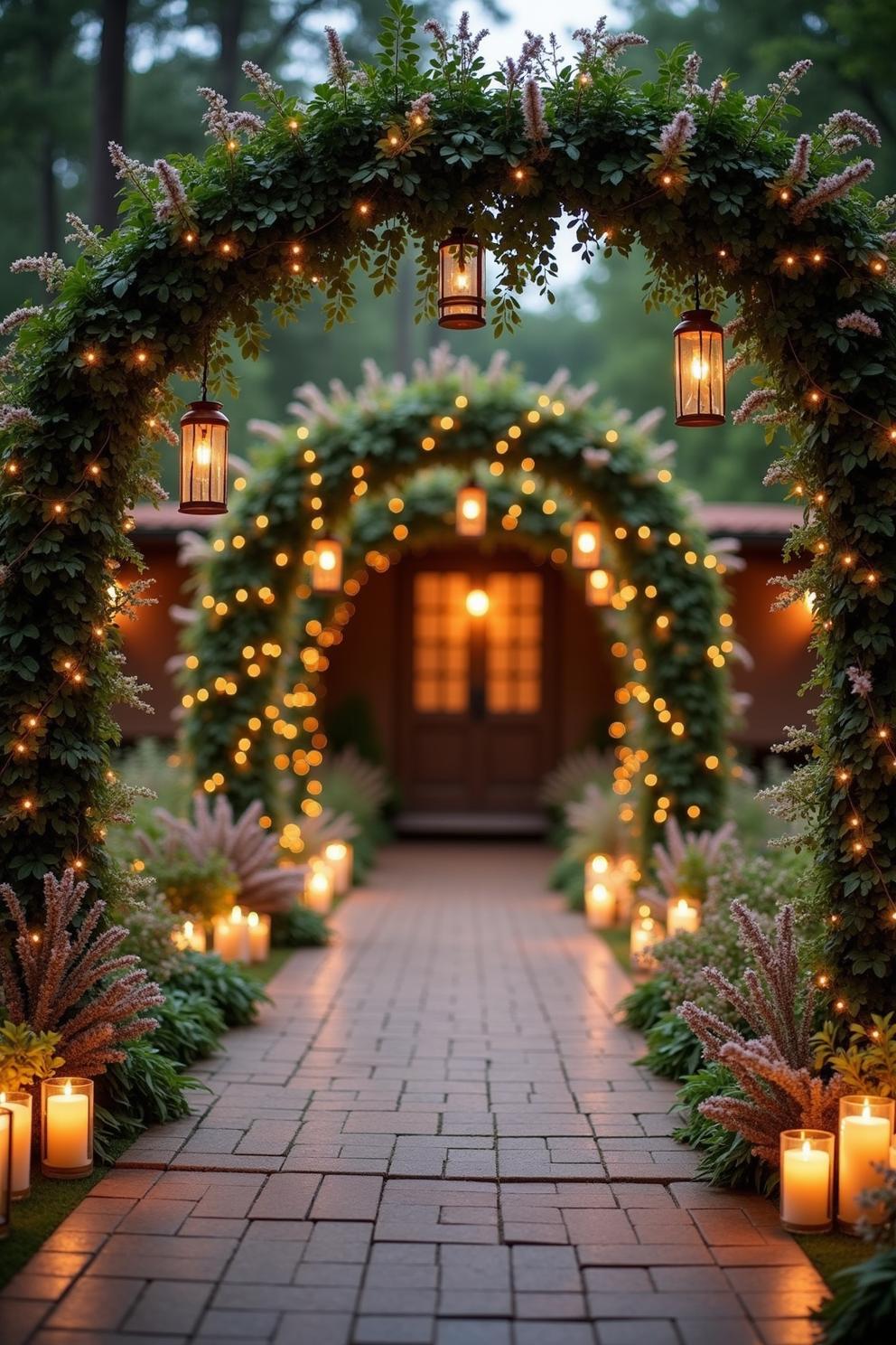 Romantic garden archway with lights and lanterns