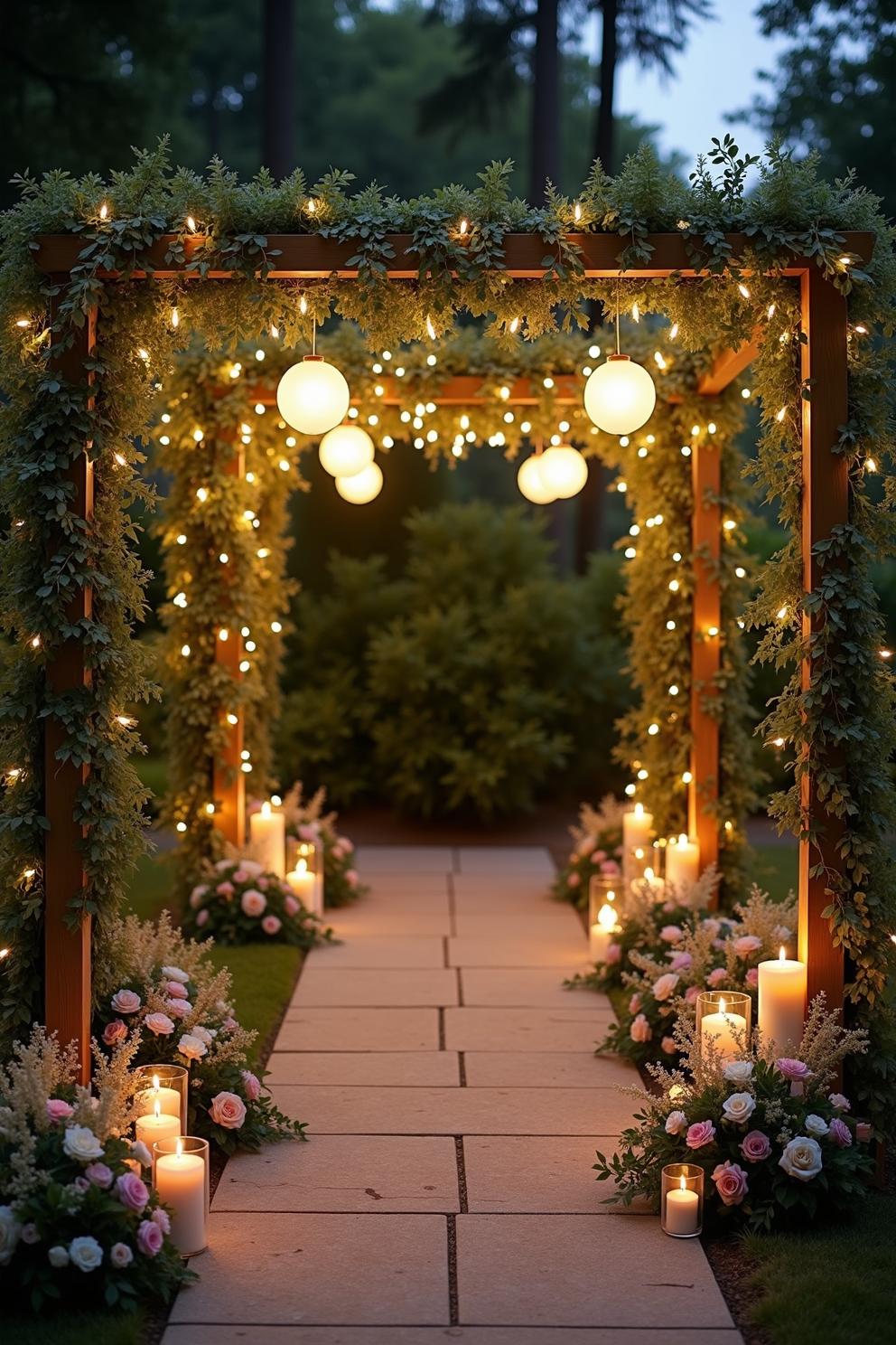 Pathway adorned with glowing lights and floral arrangements