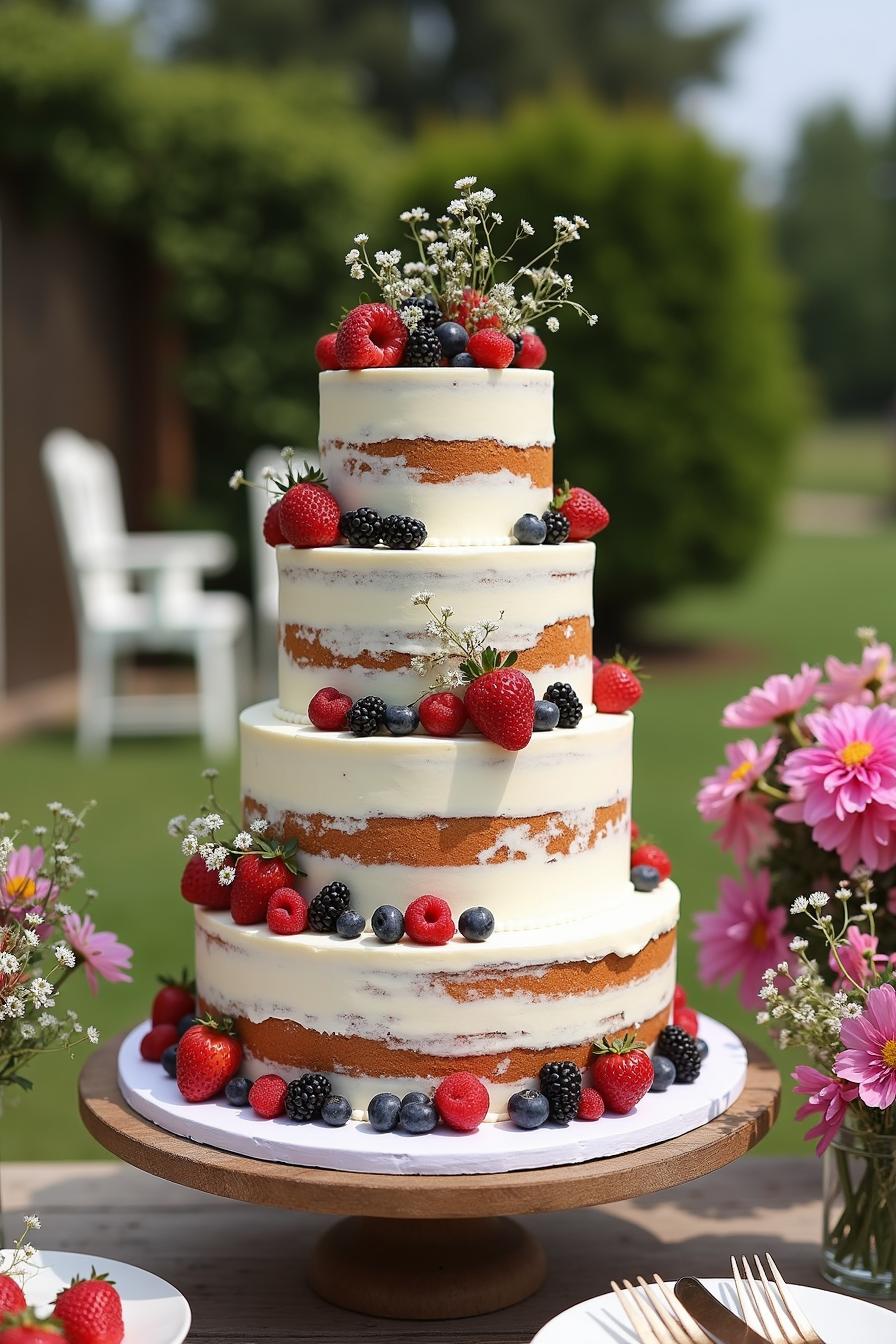 Three-tier naked cake adorned with fresh berries and delicate flowers