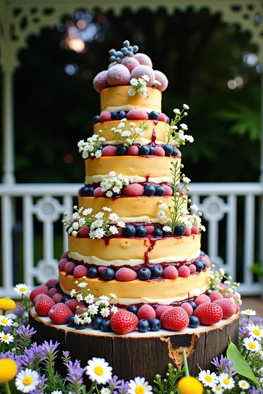 Three-tiered naked cake with berries and wildflowers