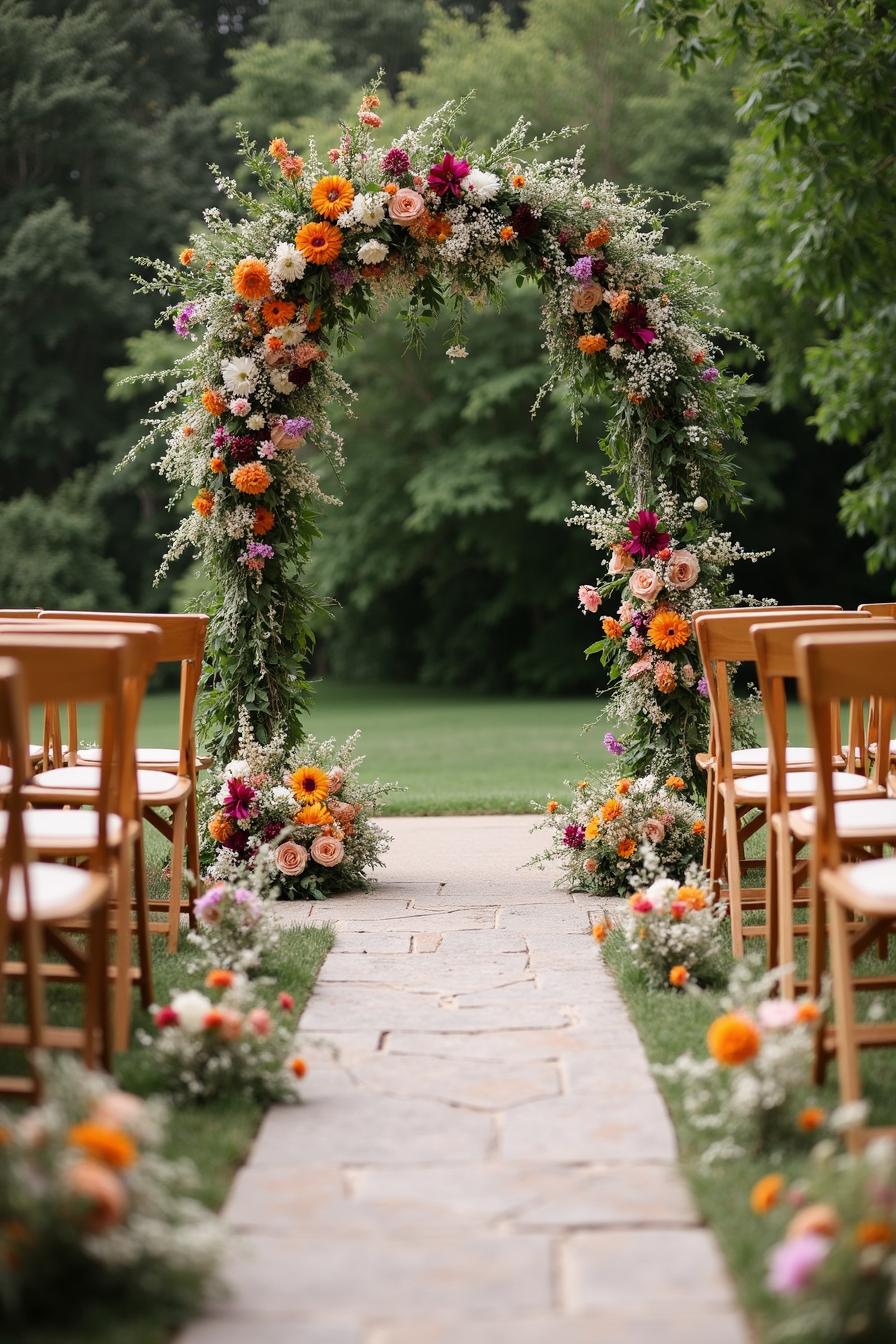 Colorful floral arch in a garden setting