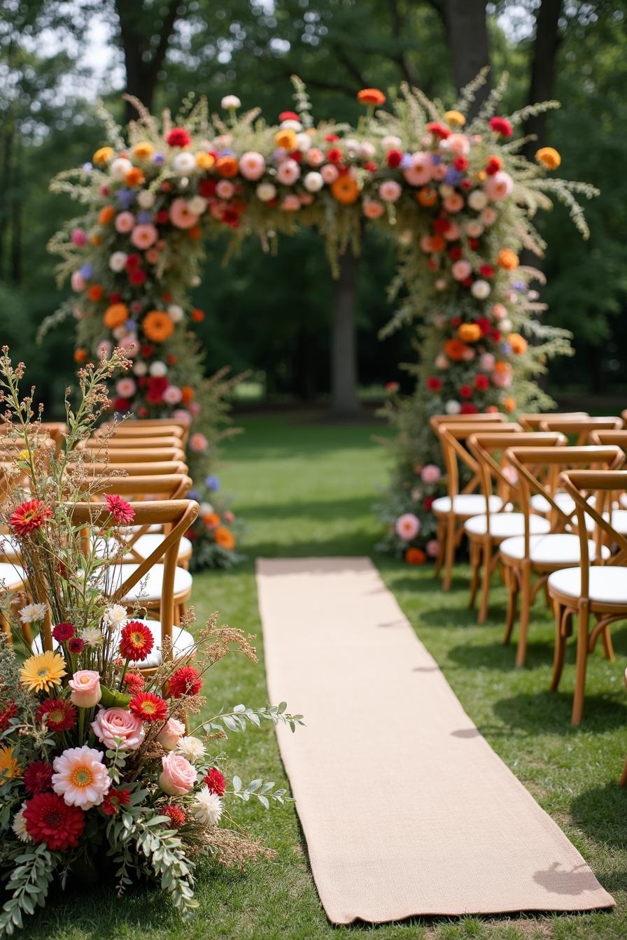 Floral arch with colorful rows of chairs on a grassy field