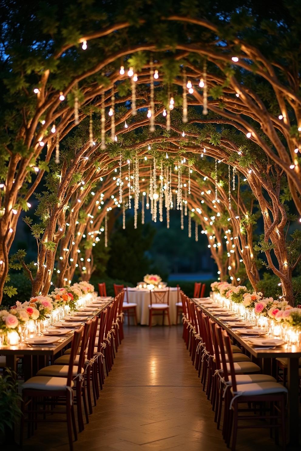 Rustic archway adorned with fairy lights and flowers