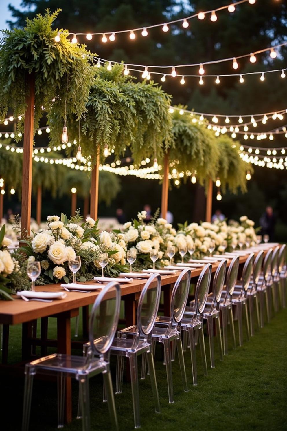 Outdoor reception with string lights, clear chairs, and floral table decor