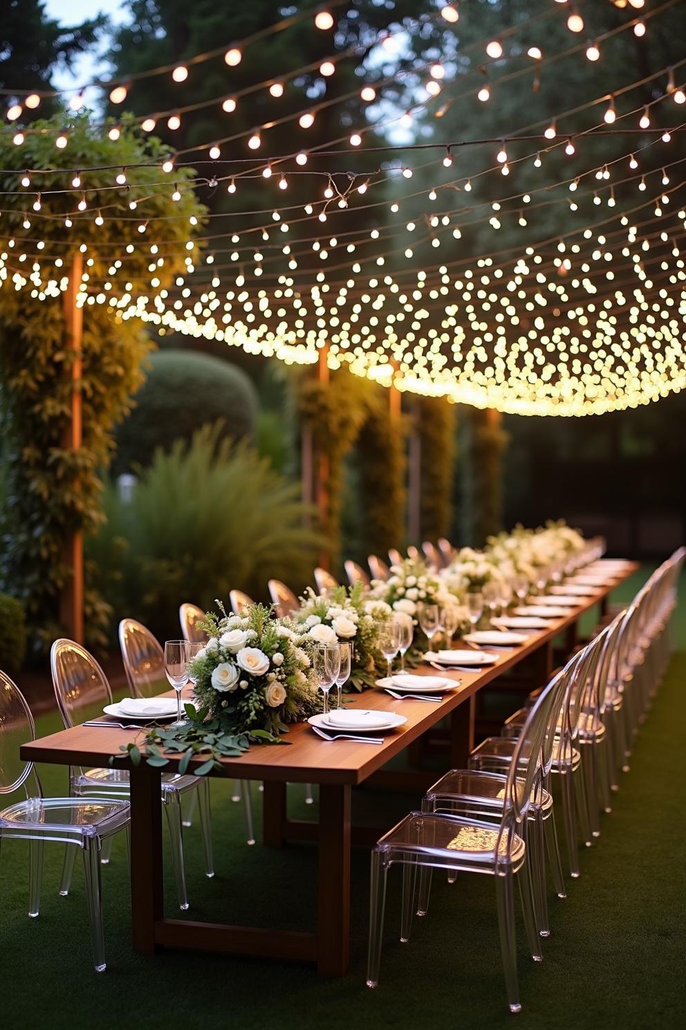 Long table under twinkling lights and greenery