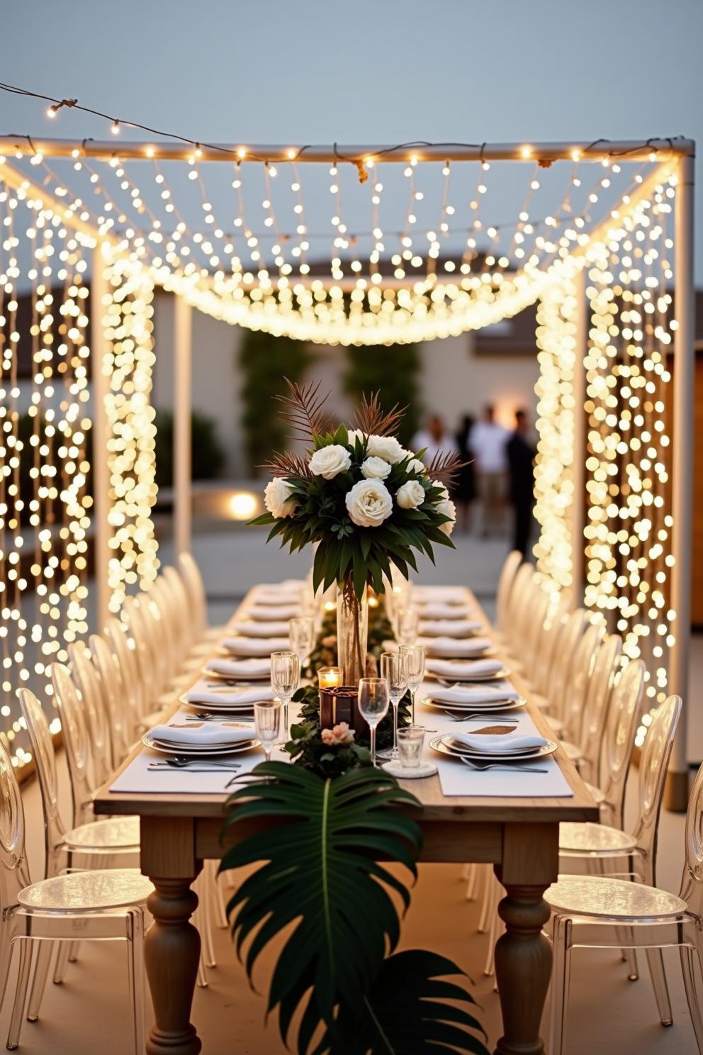 Long dinner table decorated with lights and flowers