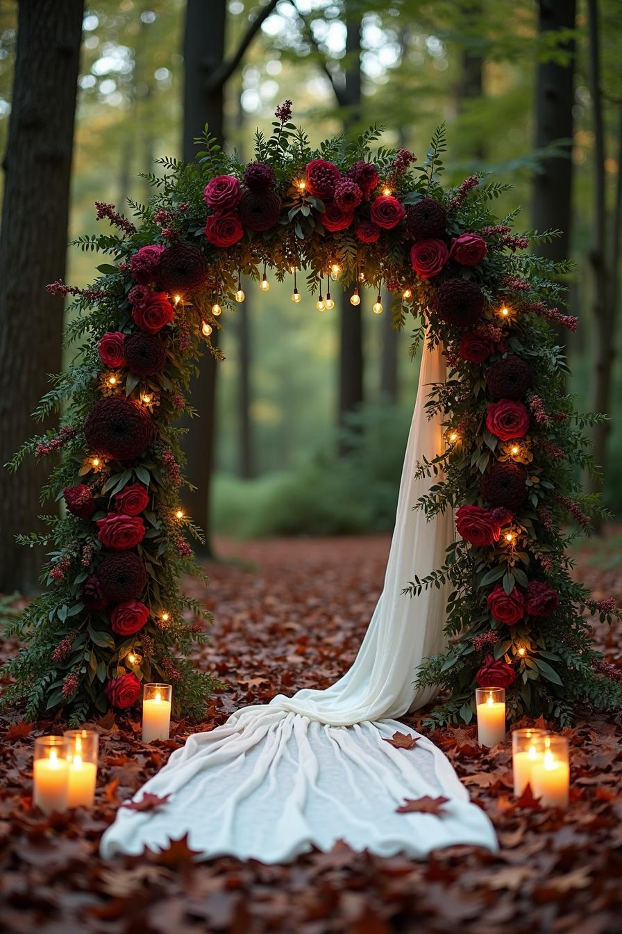 Floral arch with candles and rich autumn leaves