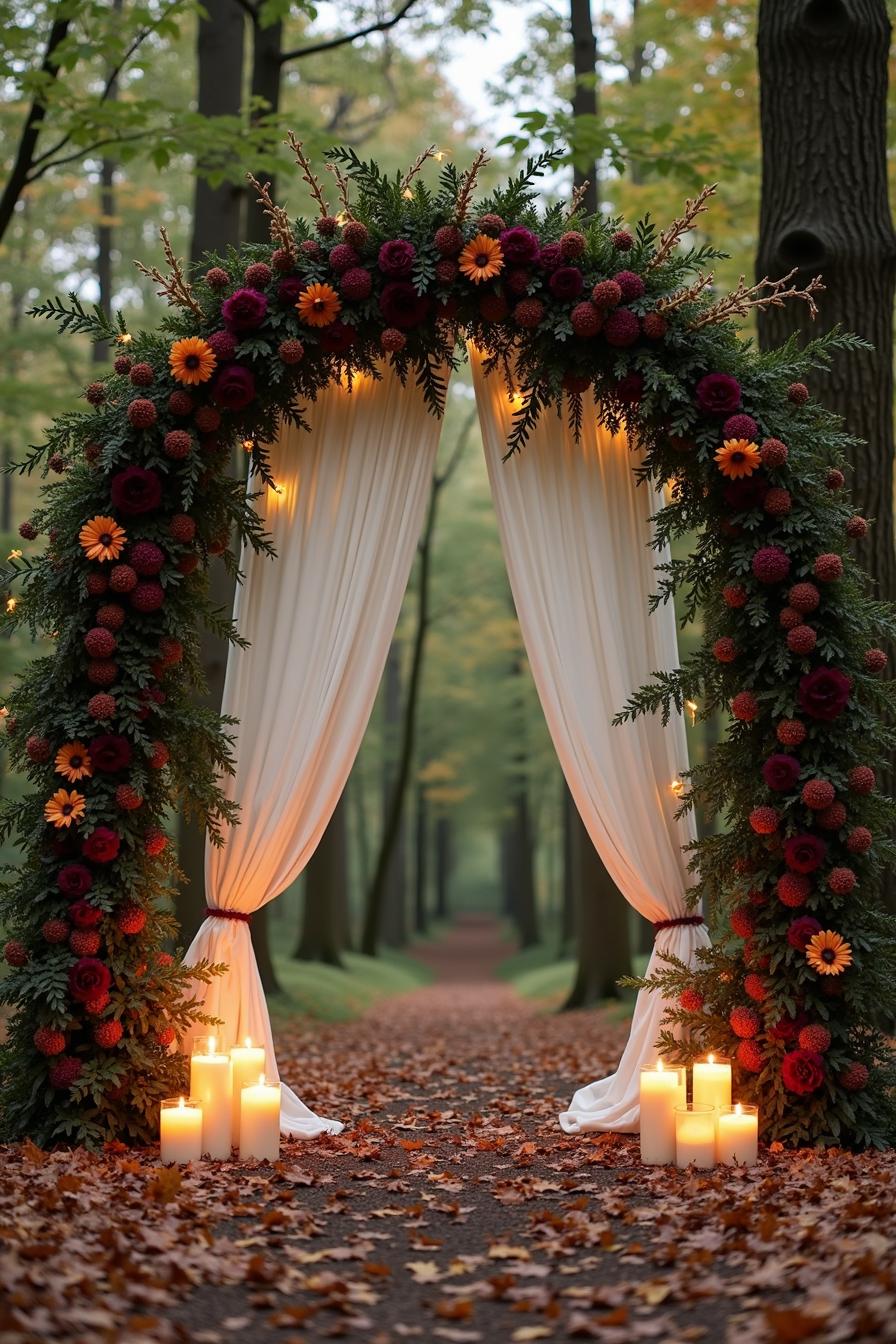 Wedding arch with vibrant flowers and glowing candles