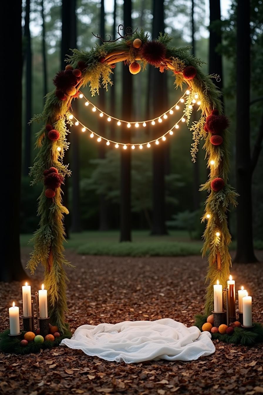 Arch with lights and foliage in forest setting