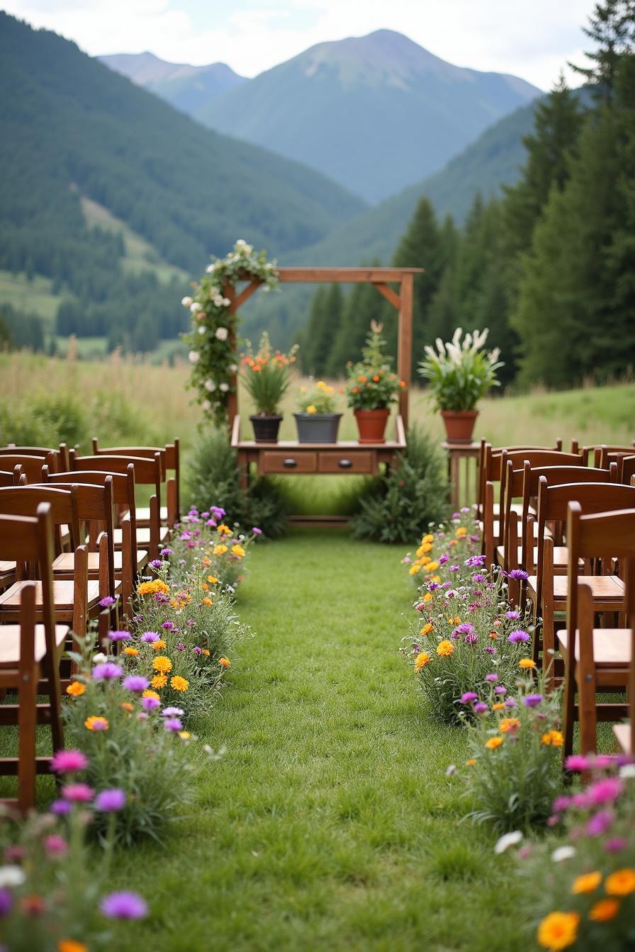 Outdoor aisle decorated with colorful wildflowers overlooking mountains