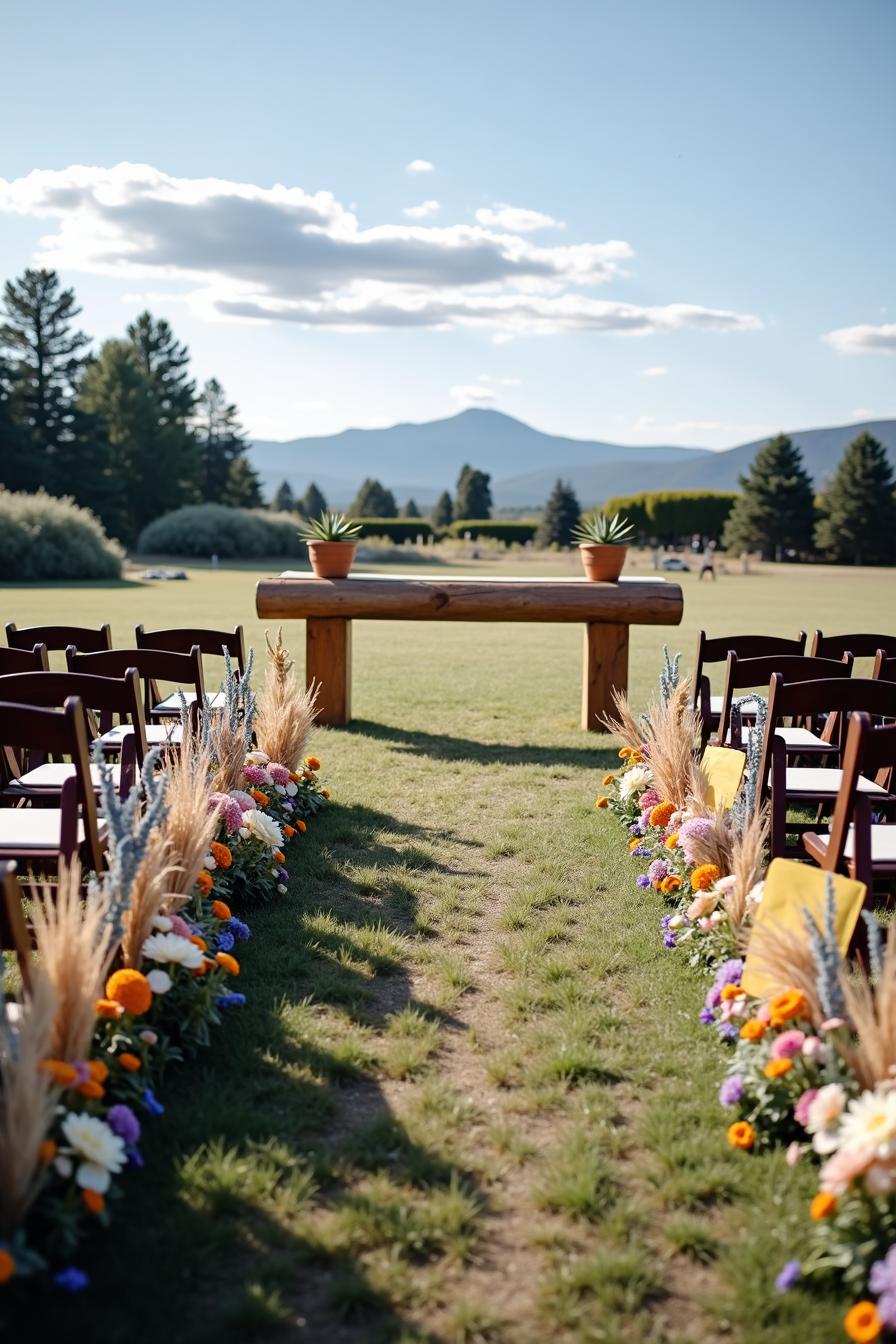 Aisle lined with vibrant wildflowers and chairs