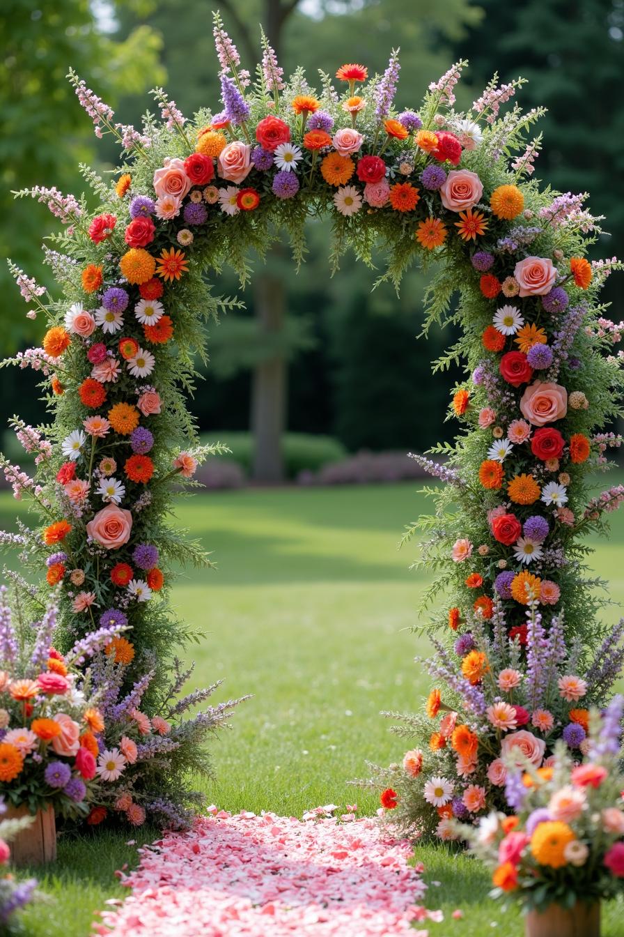 Floral arch with vibrant wildflowers on a grassy garden path