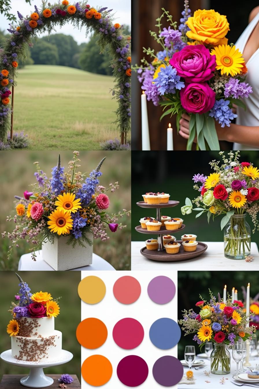 Vibrant wildflower arrangements and rustic wedding accents