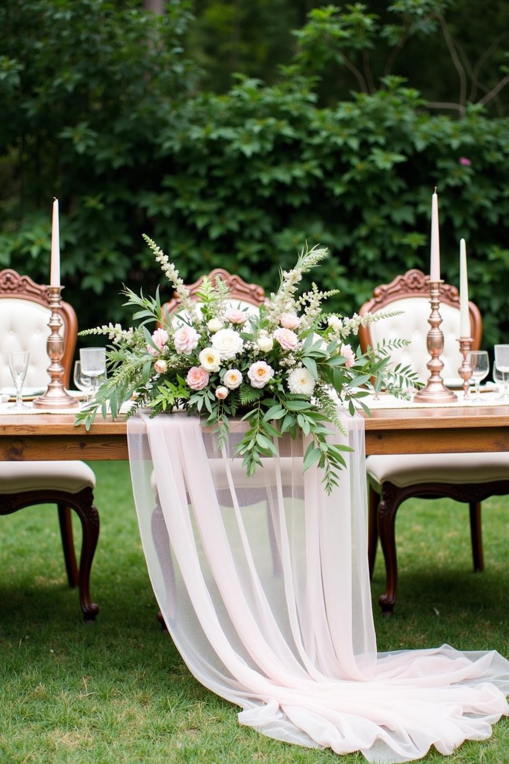 Elegant garden table with flowers and candles