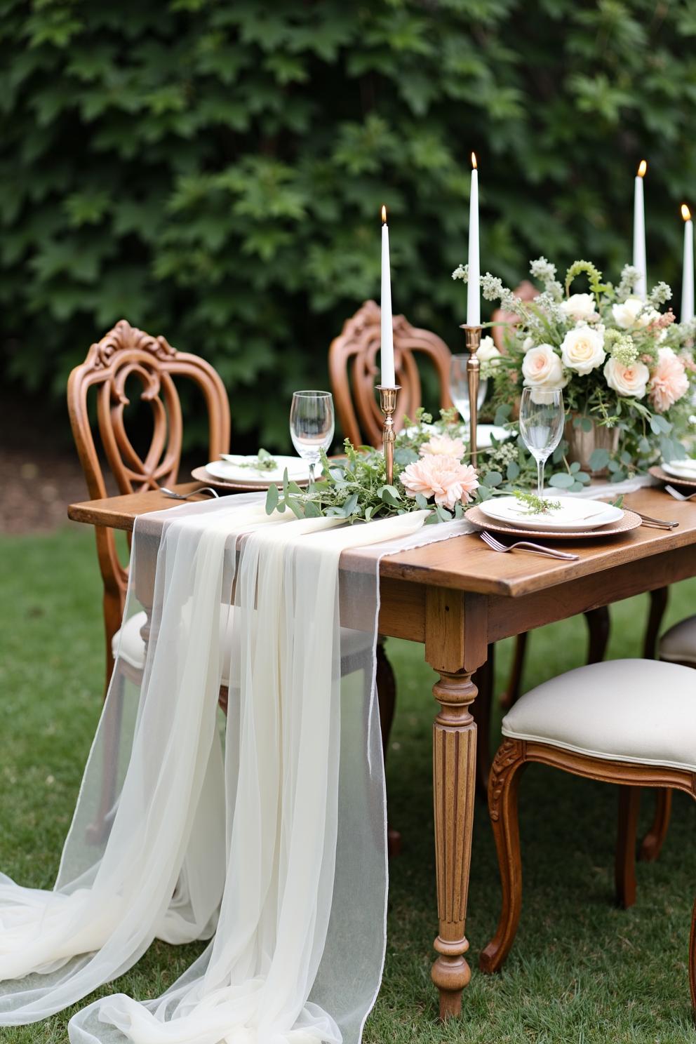 Charming garden wedding table with lush florals and draped fabric