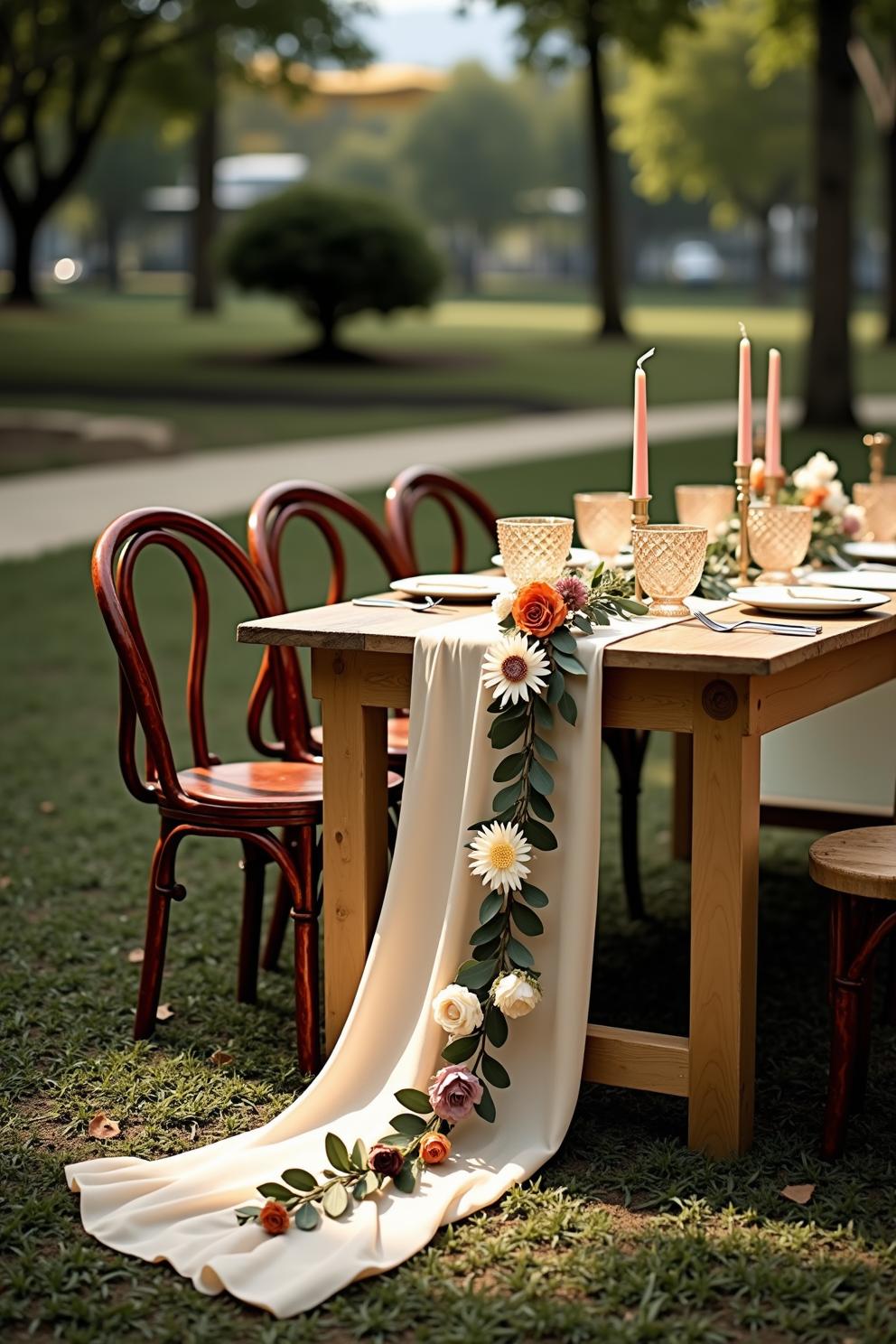 Elegant outdoor table setting with floral garland and candles