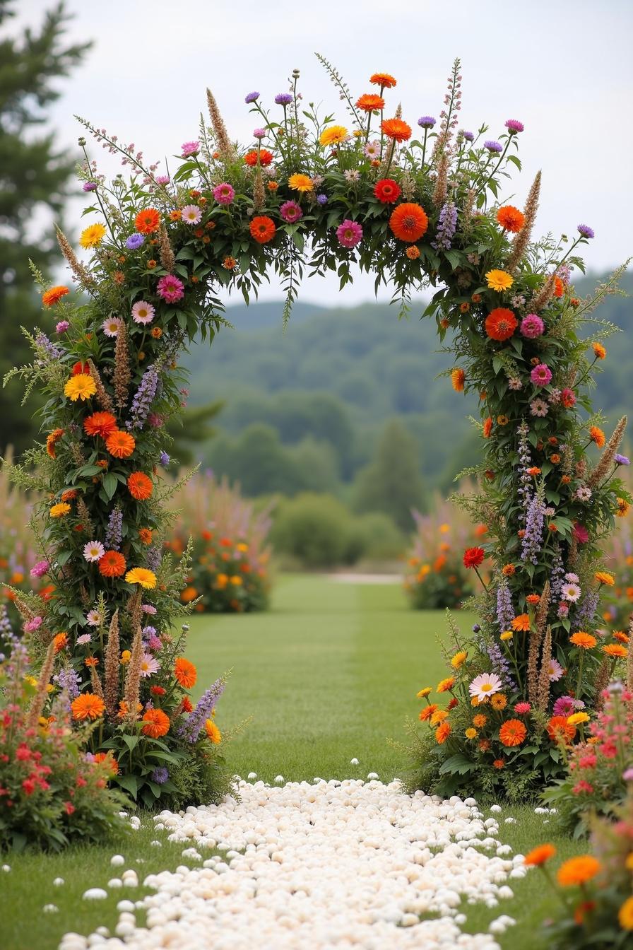 Colorful floral arch with a pebble path