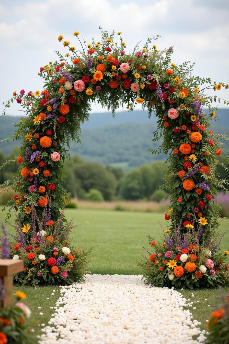 Colorful floral arch with a petal-strewn path