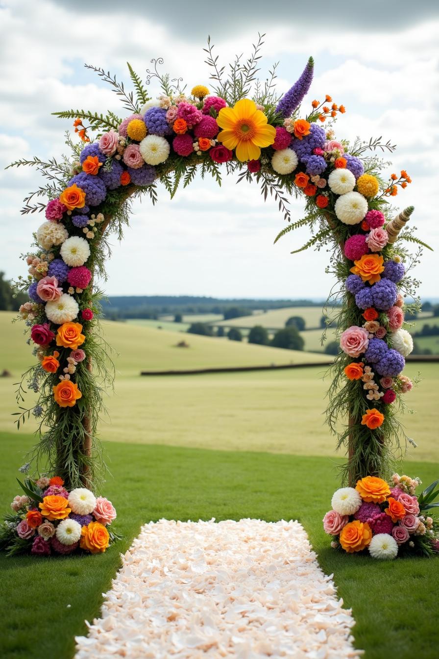 Colorful floral arch with a petal path leading into open grassy fields