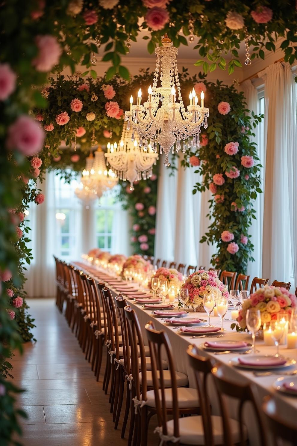 Elegant wedding table with floral and chandelier decor