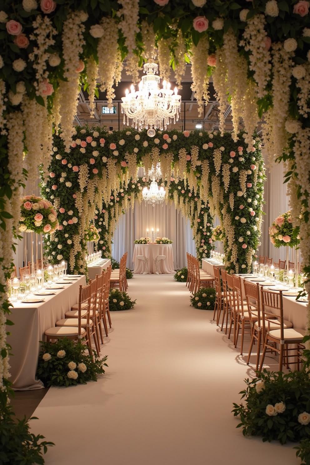 Elegant wedding setup with floral archways and chandeliers