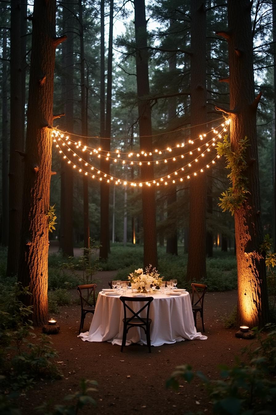 Romantic forest dining setup with string lights