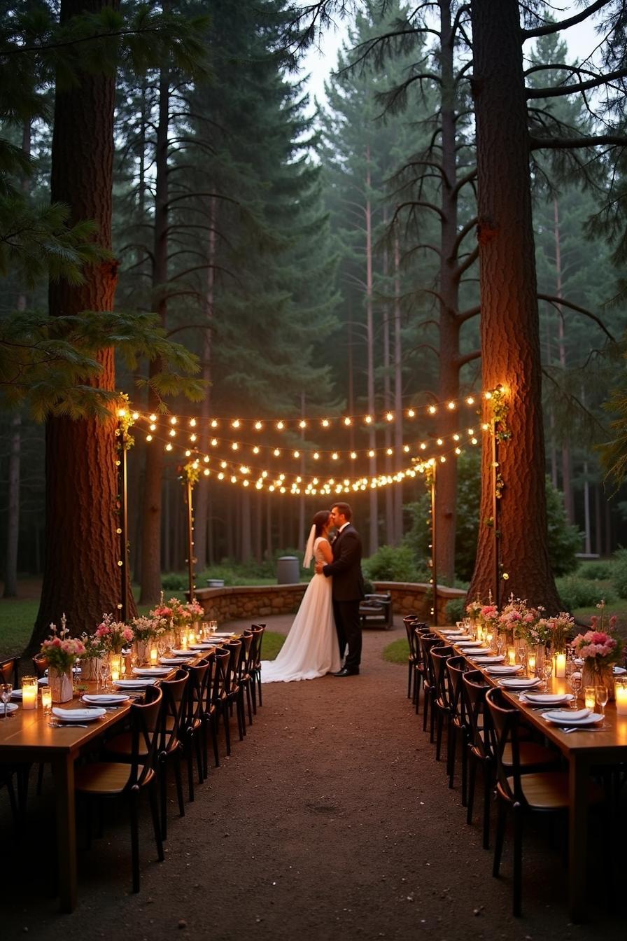 Bride and groom under string lights in a forest setting