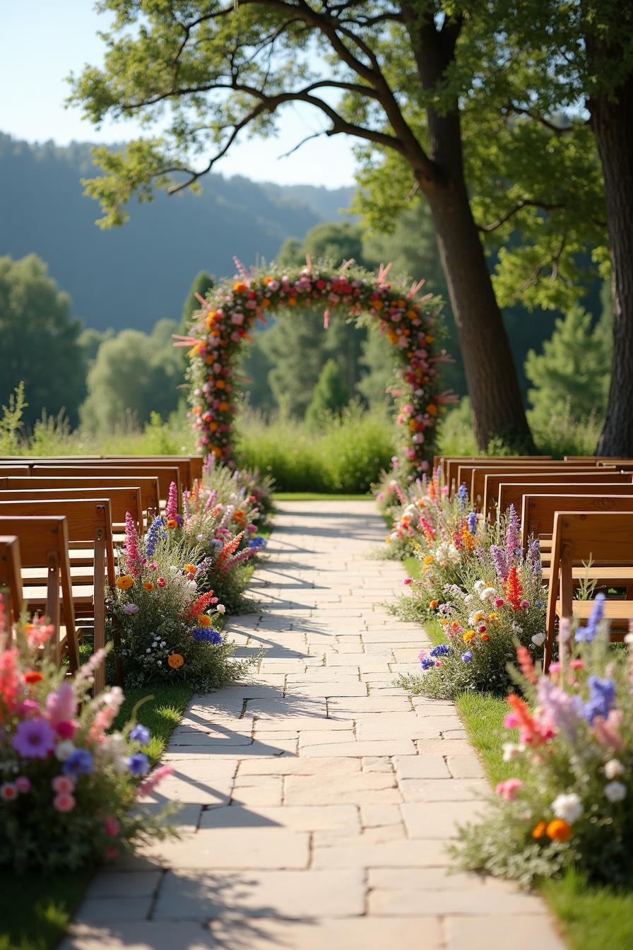 A floral archway with wooden chairs and wildflowers at an outdoor wedding venue