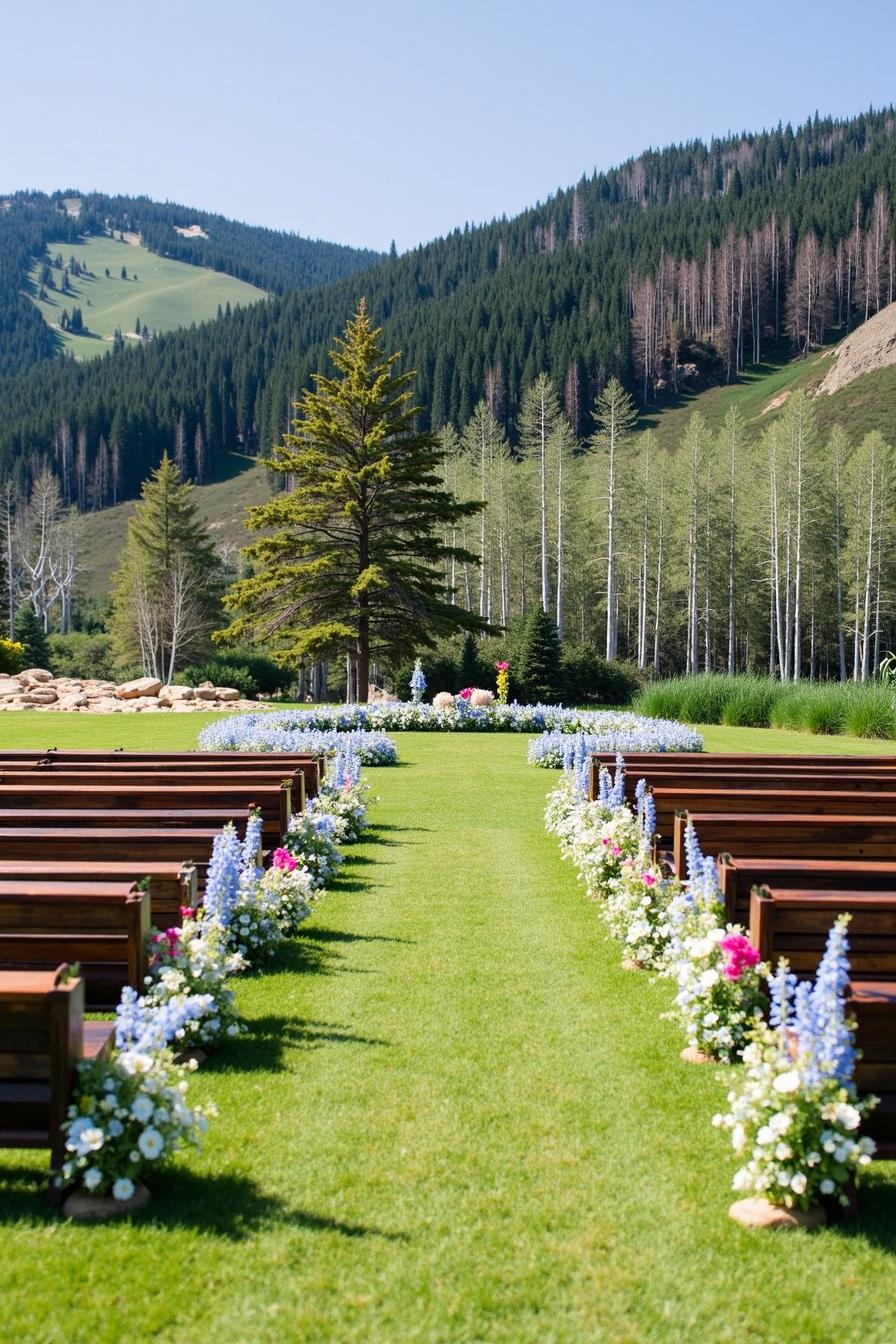 A serene outdoor wedding aisle adorned with blooming flowers, nestled among lush mountains