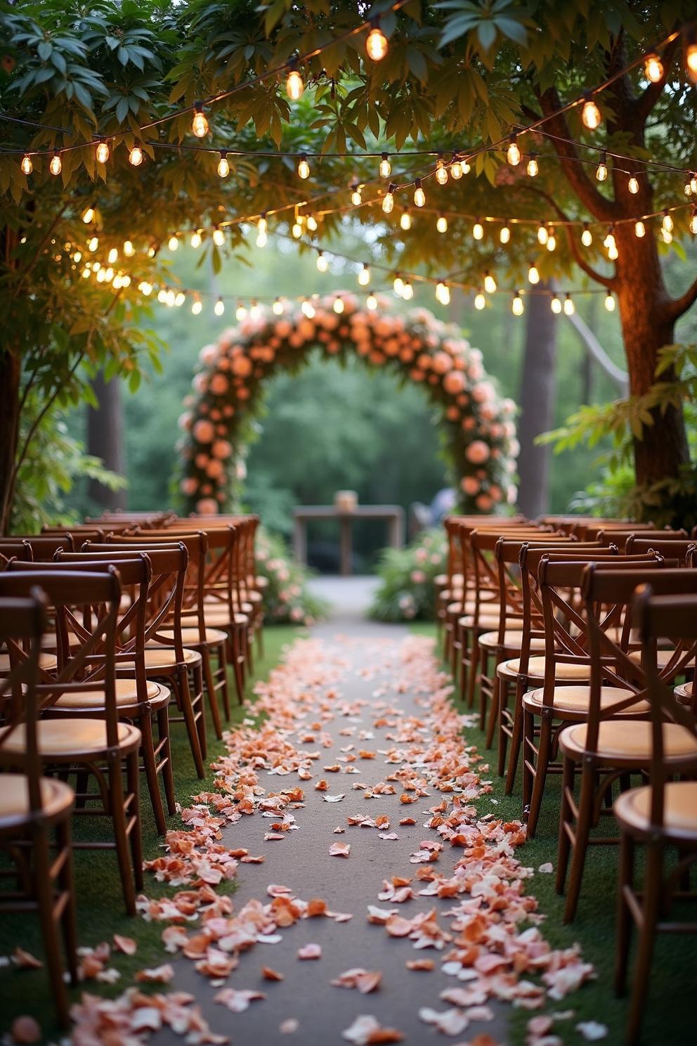 Garden wedding aisle with string lights and flower petals