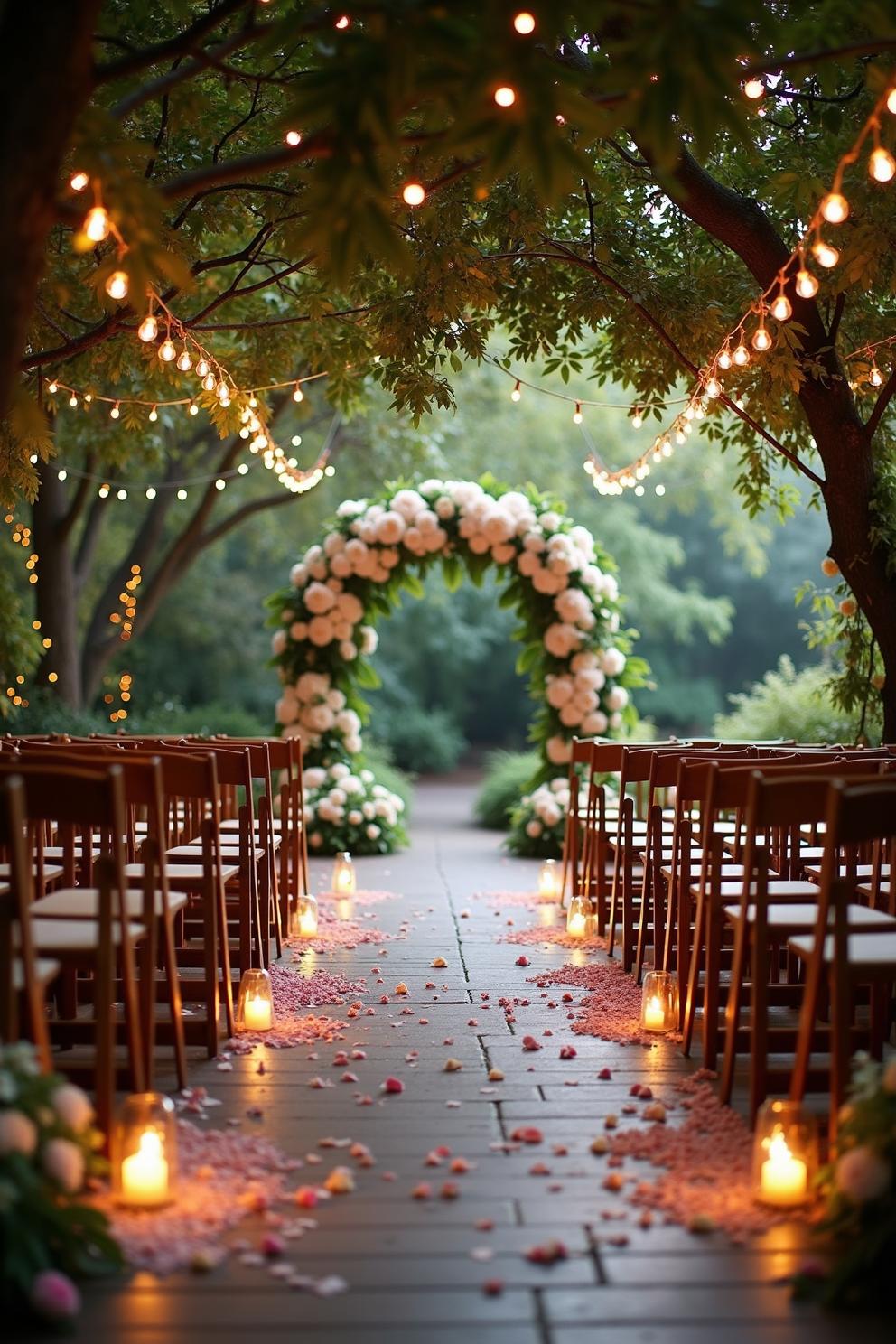 Romantic garden wedding aisle with lights