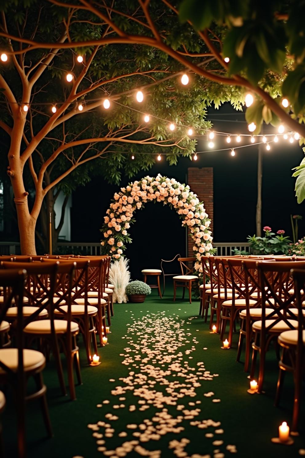 A whimsical wedding aisle adorned with floral arch and glowing lights