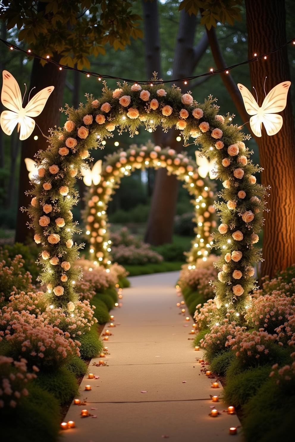 The decor embodies a whimsical fairy theme with a romantic and enchanting atmosphere. A beautifully crafted floral arch serves as the focal point 1