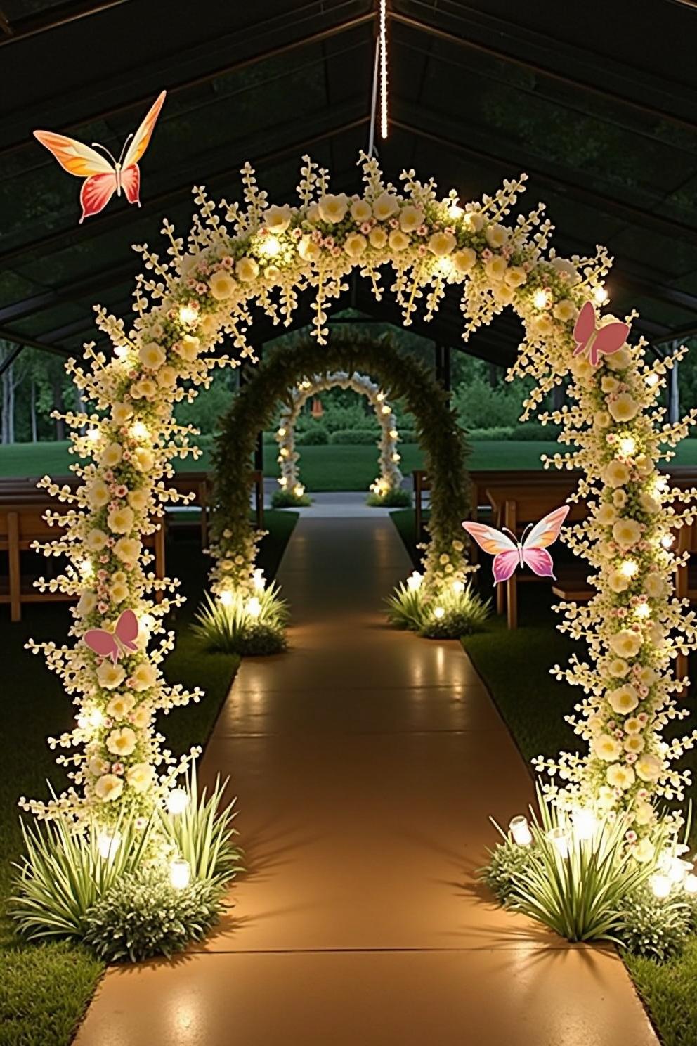 Glowing floral arches with butterflies