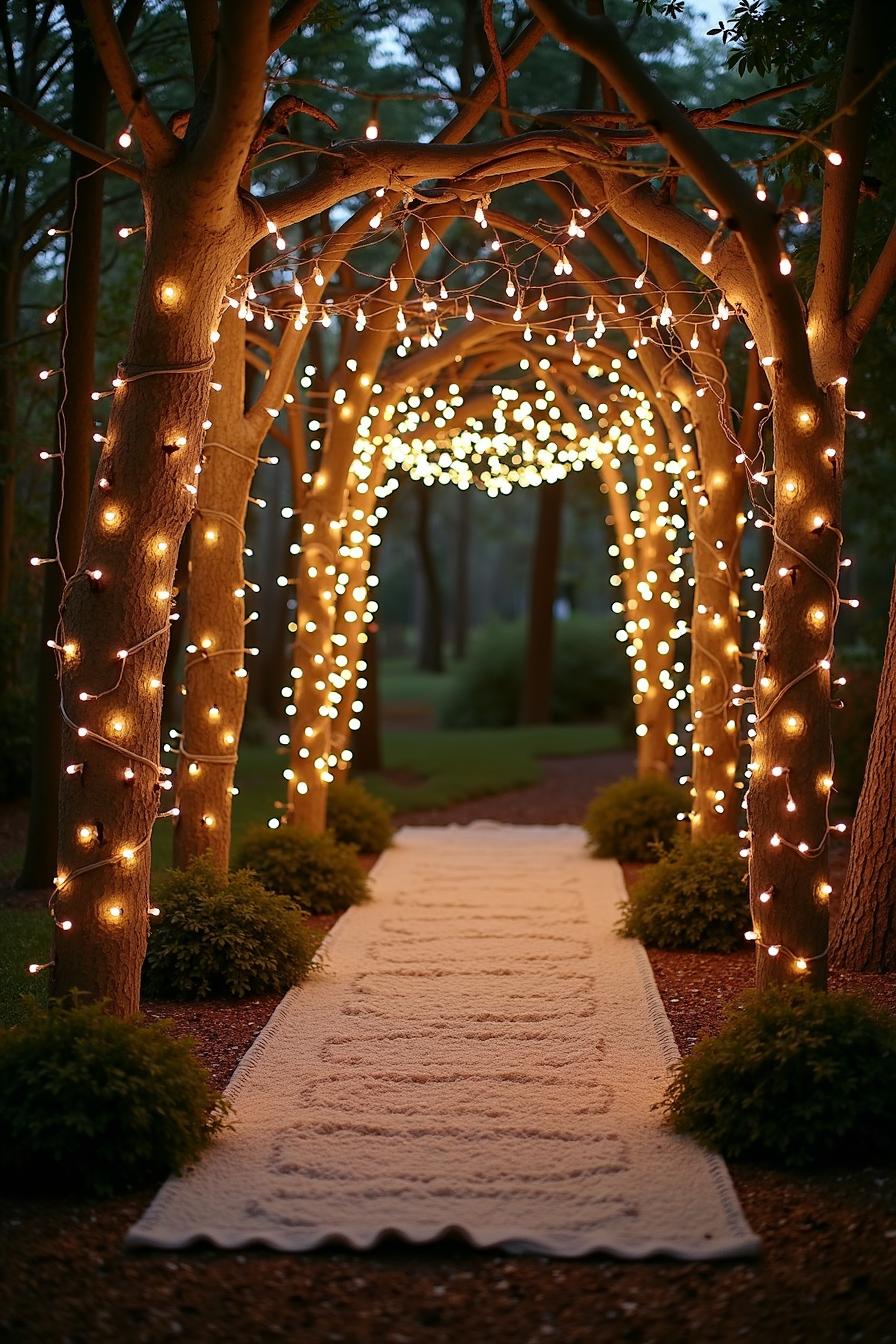 Romantic woodland walkway with lights