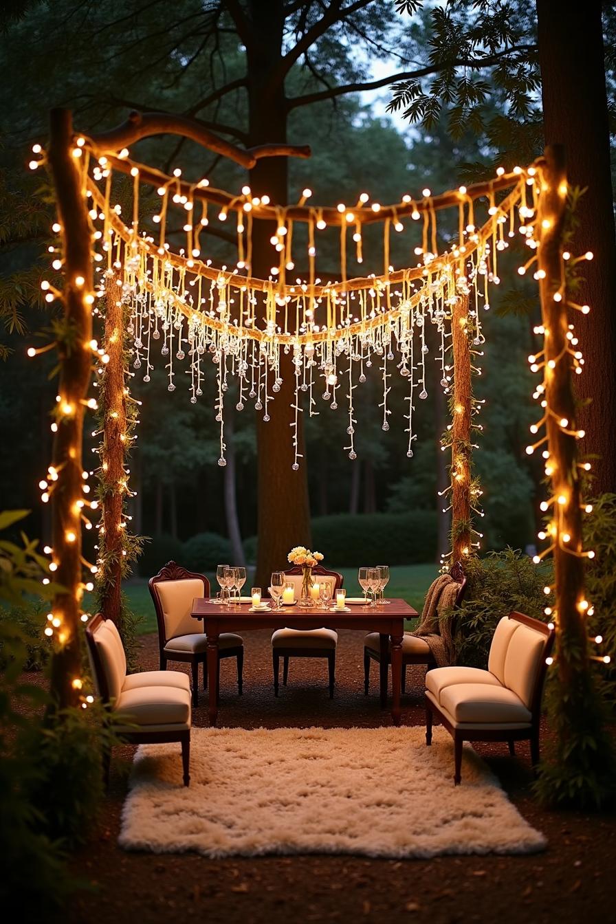 Outdoor wedding table under string lights in the forest