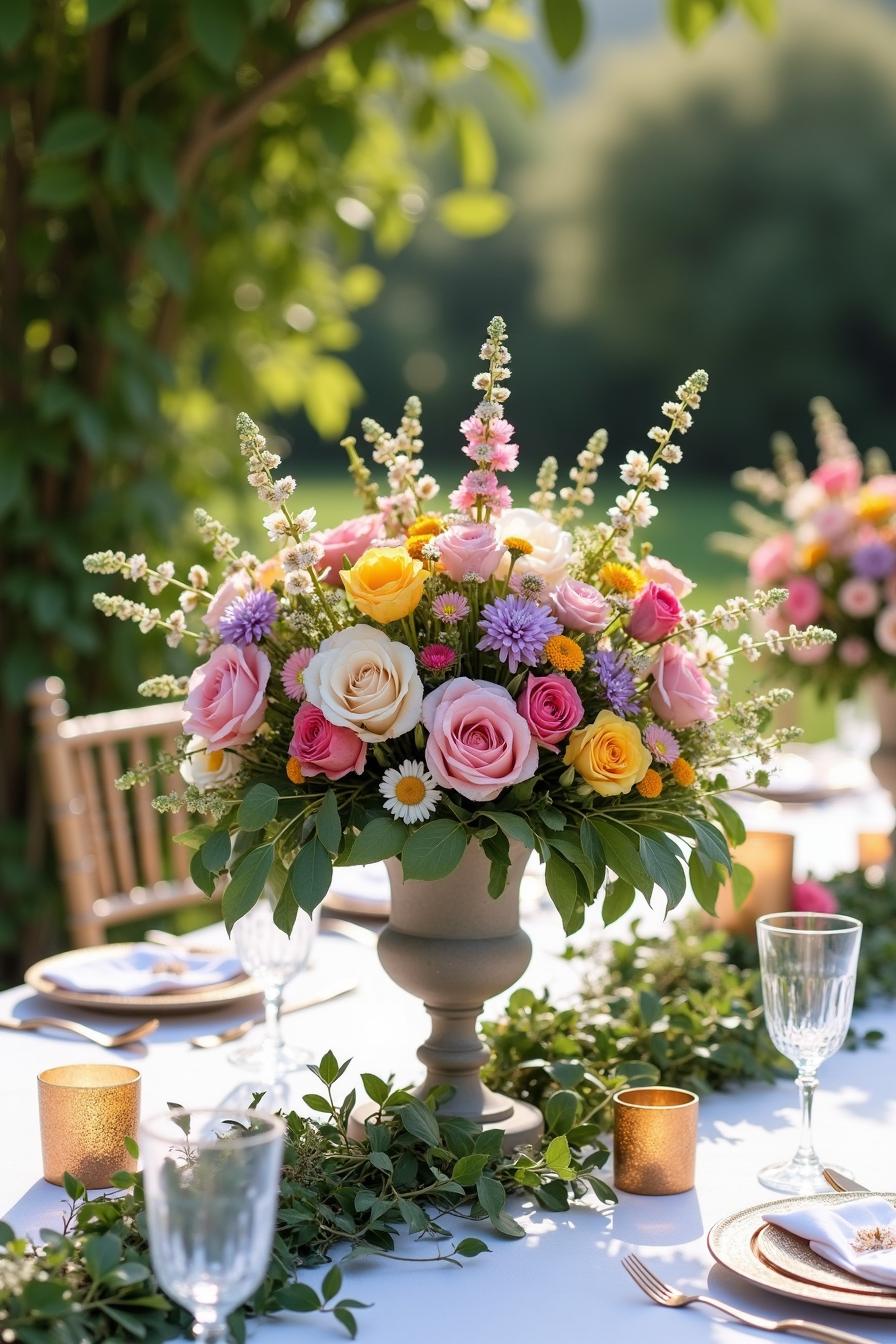 Colorful floral centerpiece on an elegant wedding table