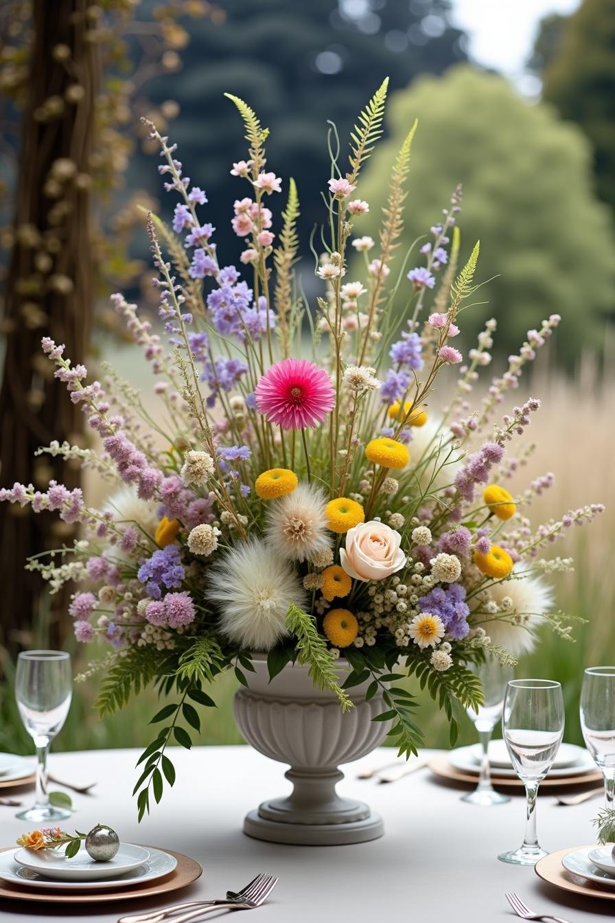 Wildflower arrangement centerpiece on a wedding table