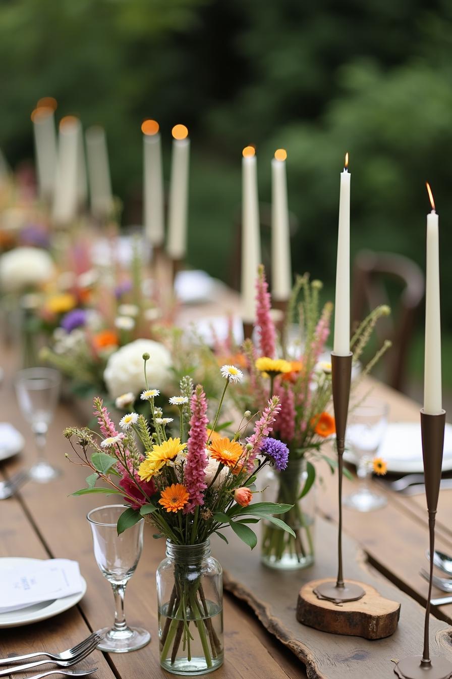 Long table with wildflower centerpieces and tall candles