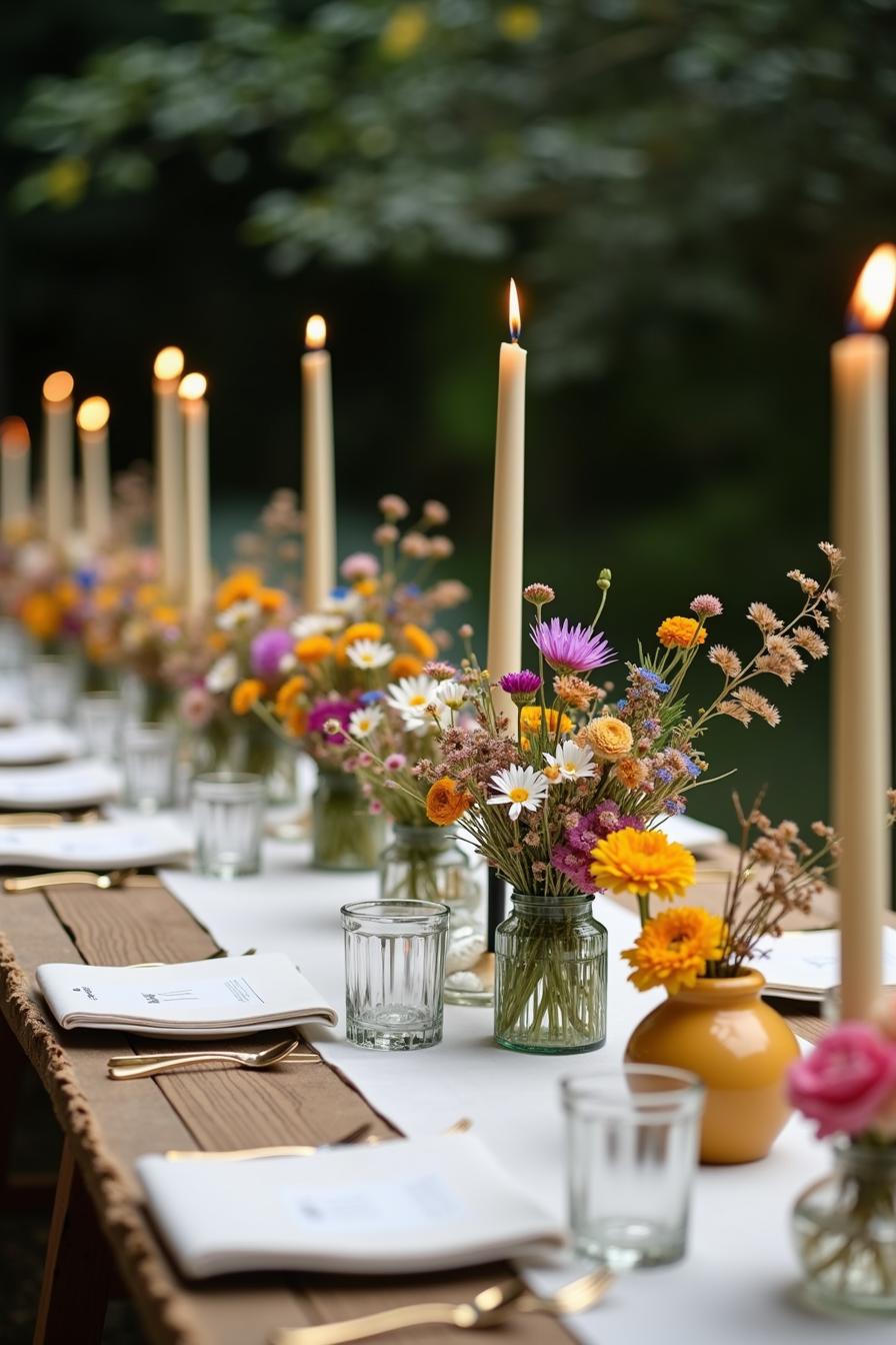 Wildflowers in jars with glowing candles