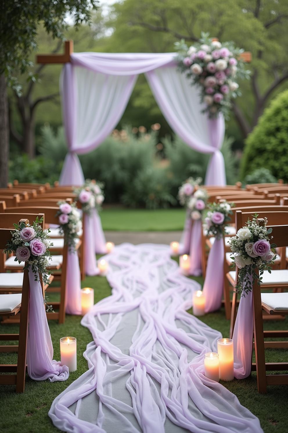 Lavender draped aisle with candle lights and floral decor