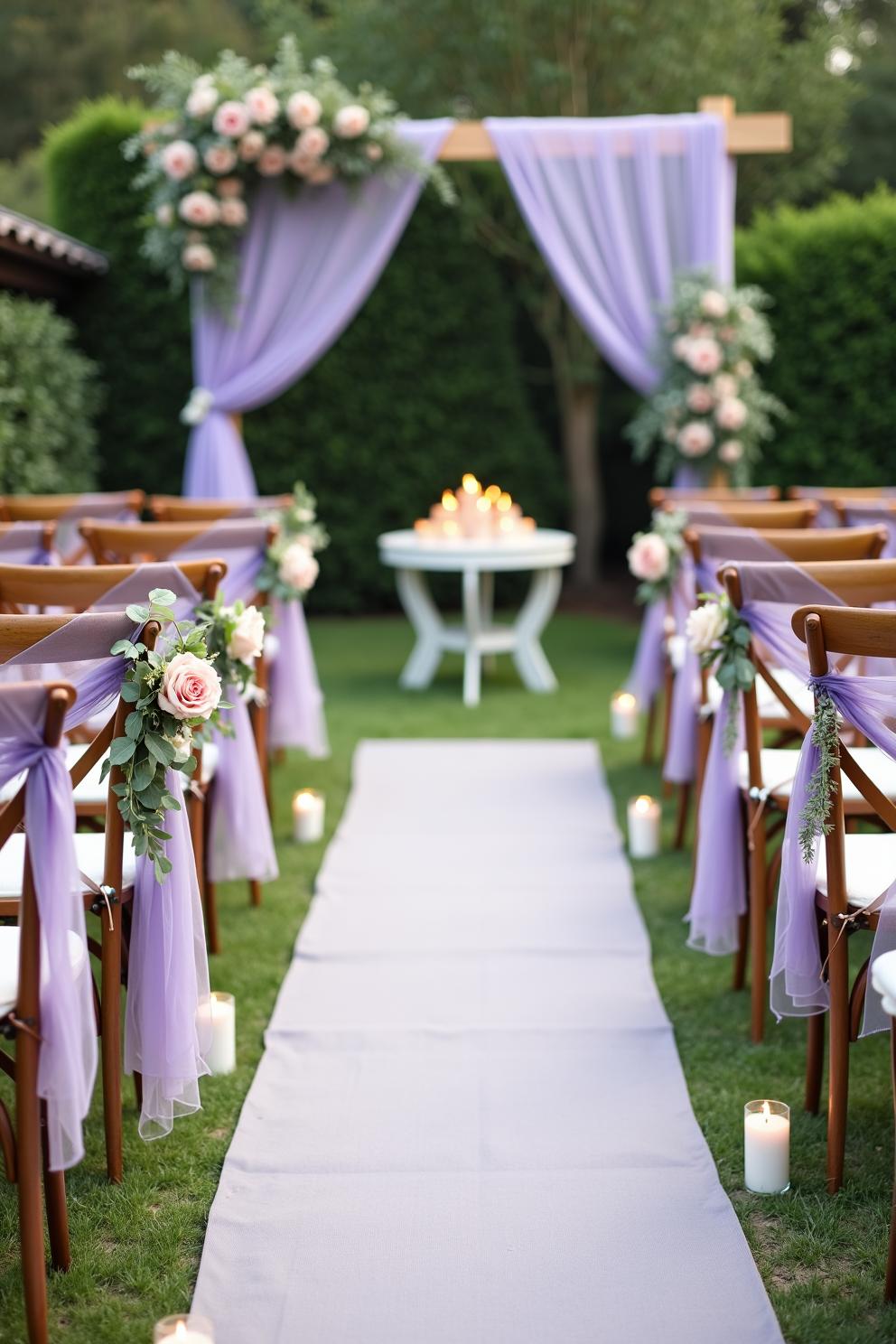 Wedding aisle adorned with lilac drapery, floral arrangements, and candles