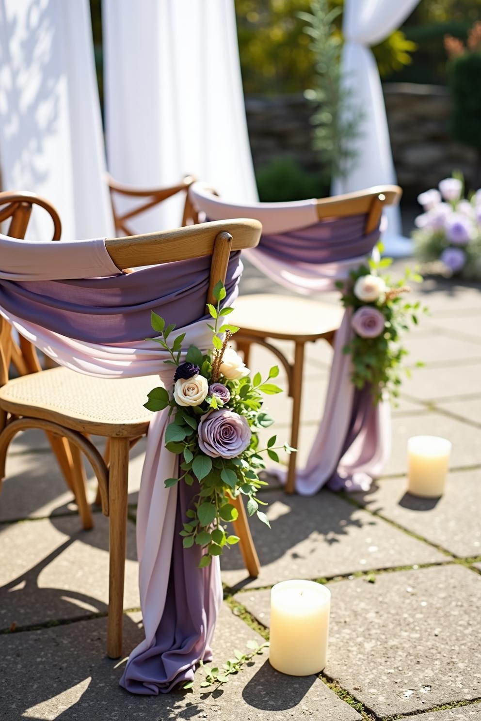 Chairs draped in lavender fabric with floral accents