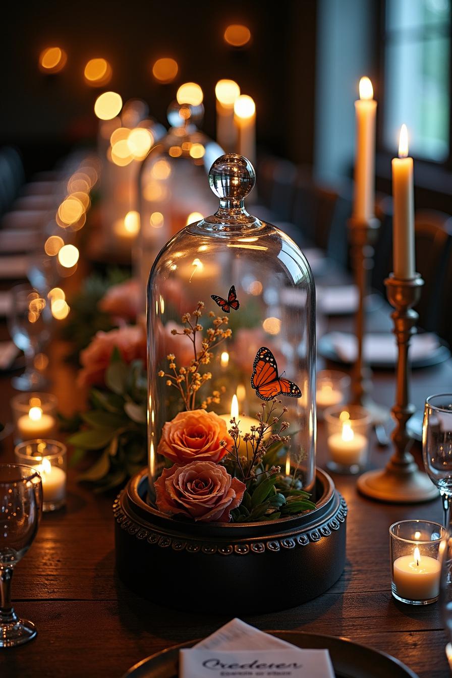 Butterfly-topped floral cloche centerpiece on candlelit table