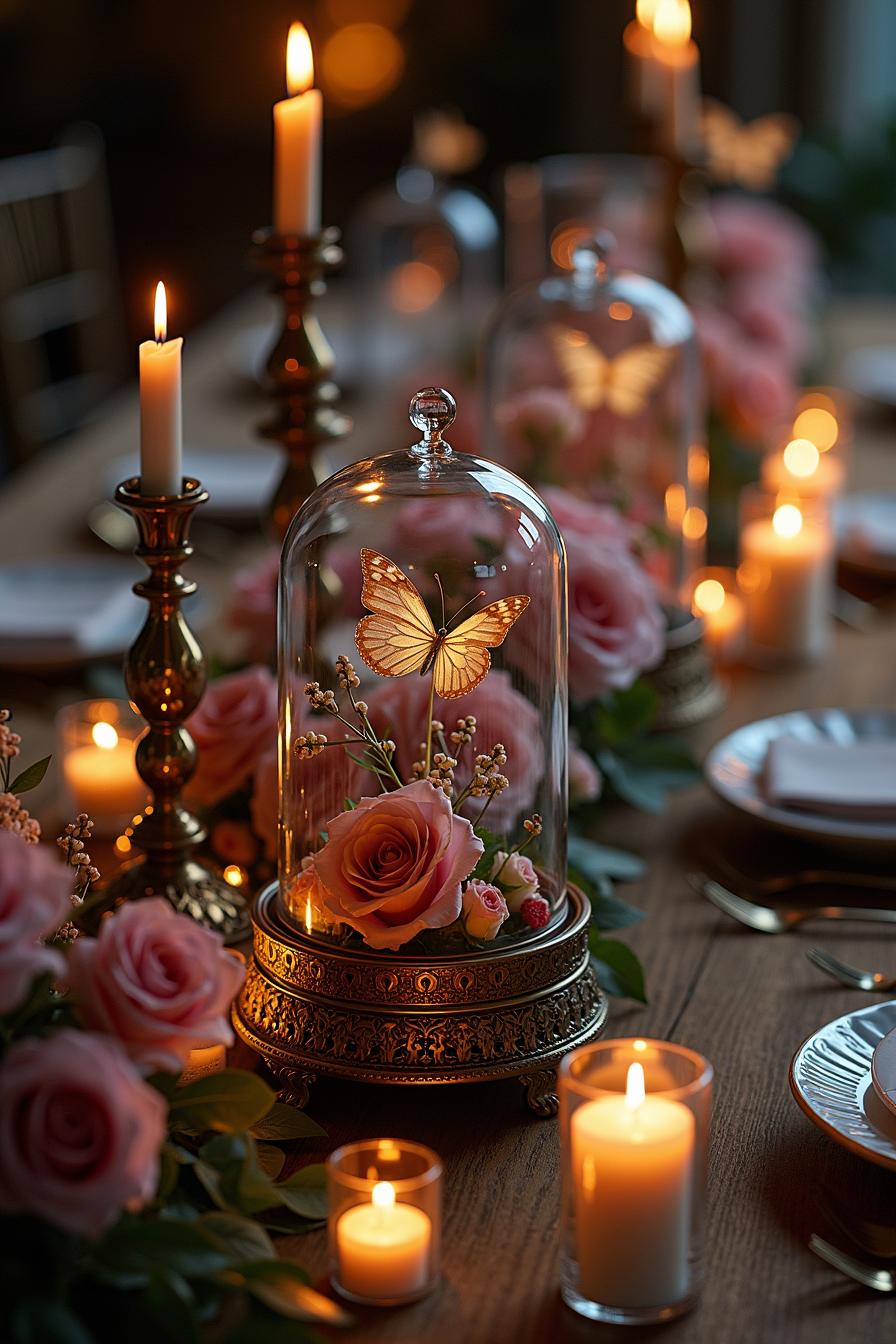 Golden butterfly and roses under a glass dome with candlelit ambiance