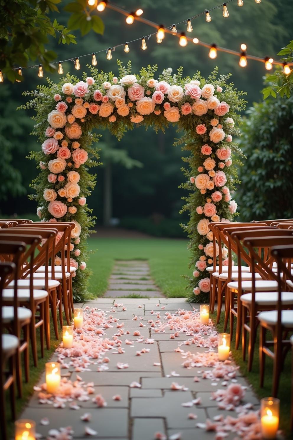 Elegant floral wedding arch with soft lighting